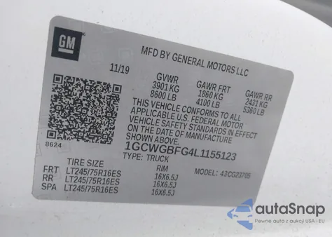 2020 Chevrolet Express Cargo Rwd 2500 Extended Wheelbase Wt z USA, uszkodzony, nr VIN 1GCWGBFG4L1155123